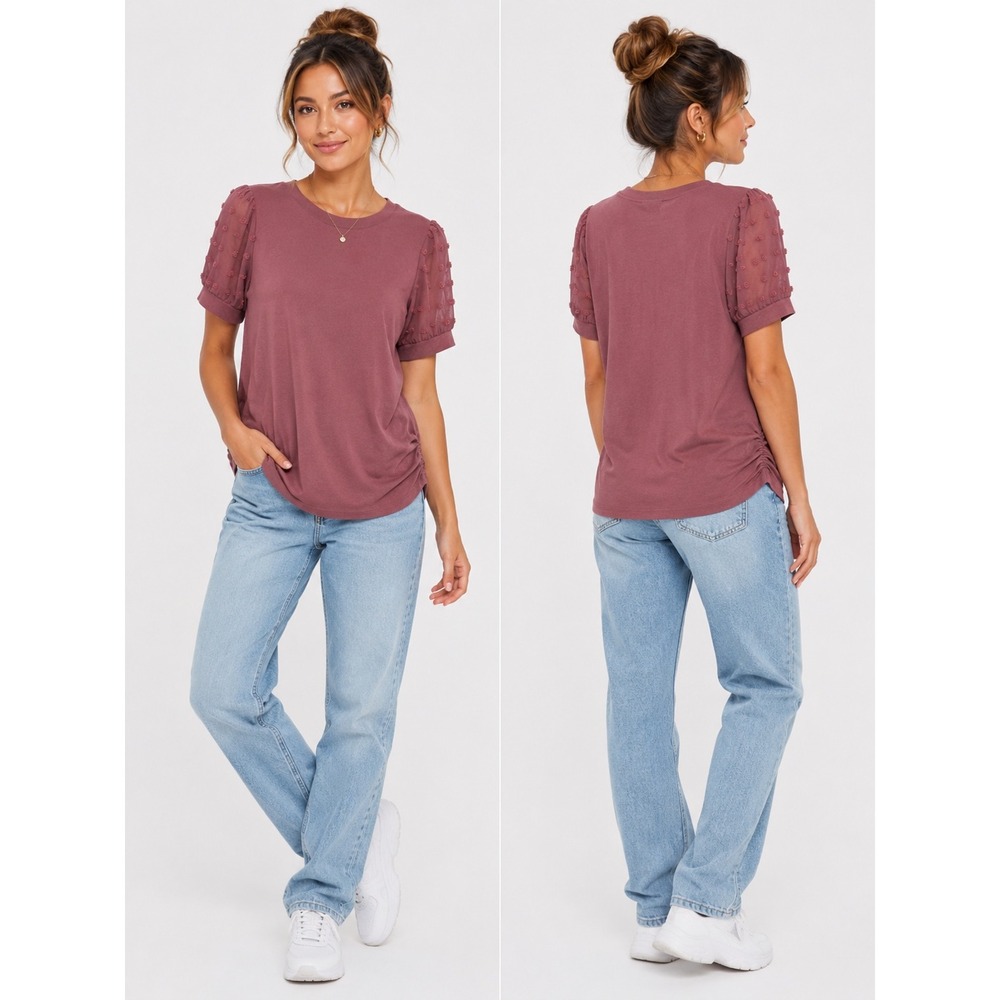 Sweet Wanderer Maternity Top Women M Mauve Swiss Dot Puff Sleeve Ruched Boho